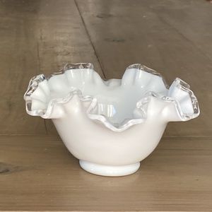 Fenton White Crimped Silver Crest Bonbon Bowl Milk Glass Made in USA